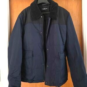 Men's Andrew Marc jacket blue sherpa collar large new color block